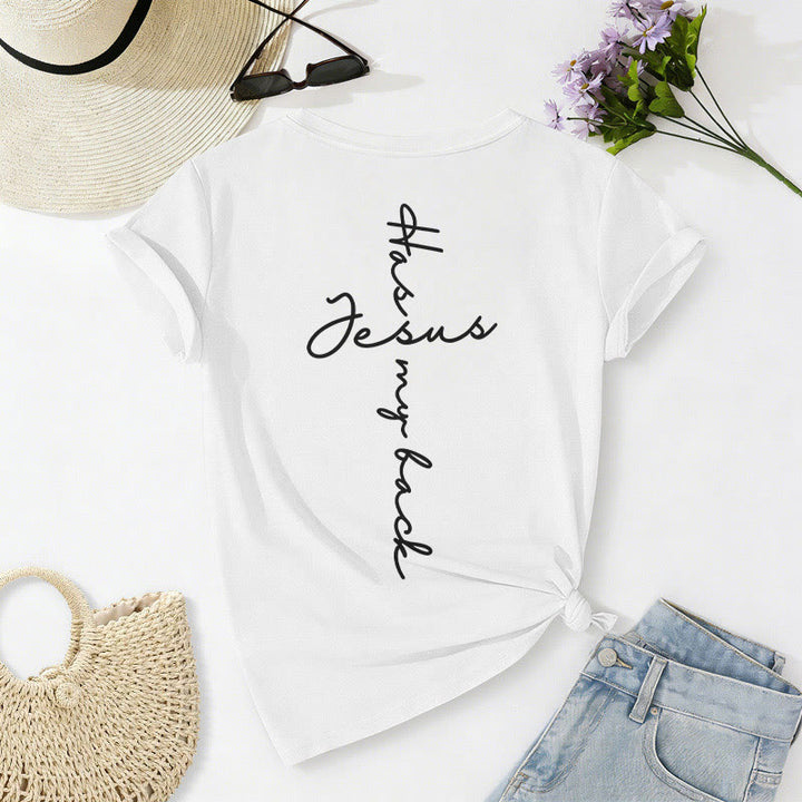 Christianartworkshop Lässiges T-Shirt mit V-Ausschnitt und Aufdruck „Jesus Has My Back“ vorne und hinten - image 34