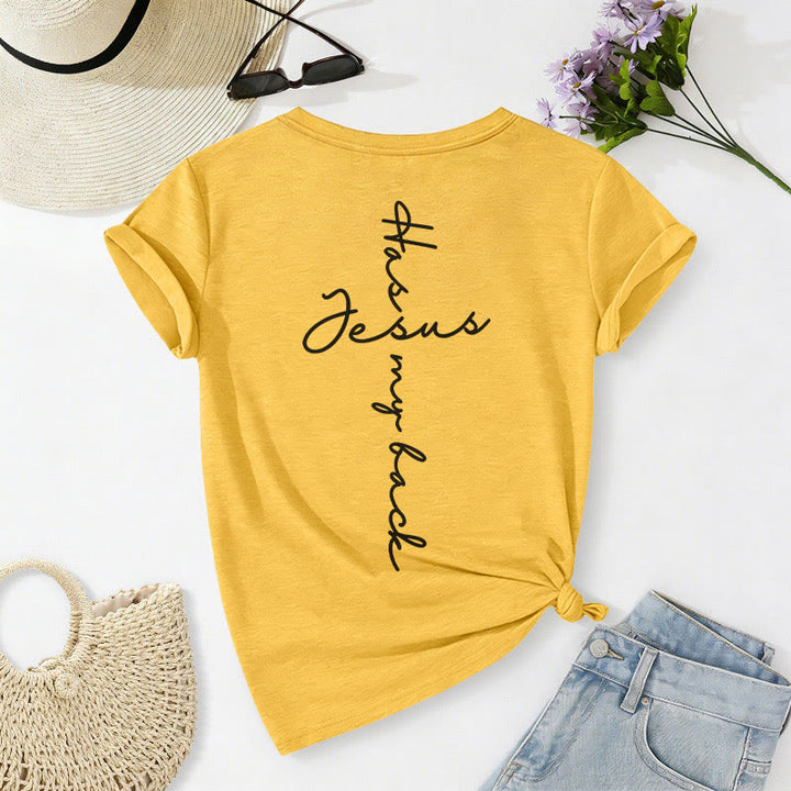 Christianartworkshop Lässiges T-Shirt mit V-Ausschnitt und Aufdruck „Jesus Has My Back“ vorne und hinten - image 22