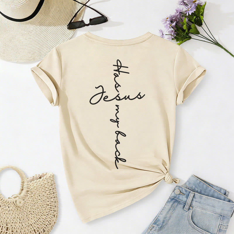 Christianartworkshop Lässiges T-Shirt mit V-Ausschnitt und Aufdruck „Jesus Has My Back“ vorne und hinten - image 16