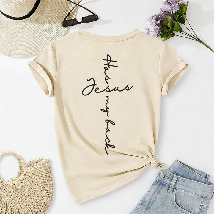 Christianartworkshop Lässiges T-Shirt mit V-Ausschnitt und Aufdruck „Jesus Has My Back“ vorne und hinten - image 16