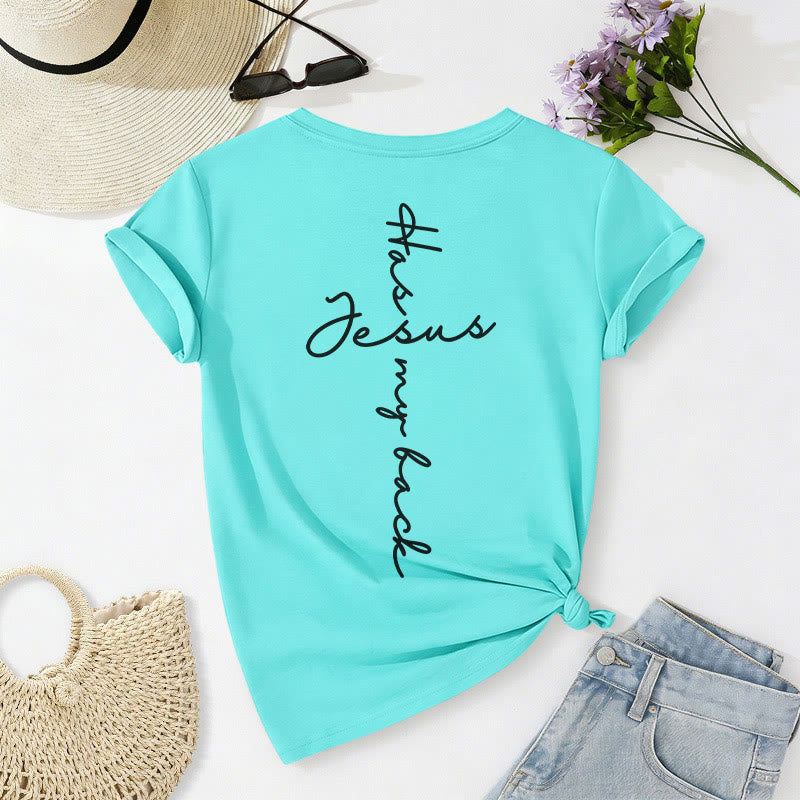 Christianartworkshop Lässiges T-Shirt mit V-Ausschnitt und Aufdruck „Jesus Has My Back“ vorne und hinten - image 40