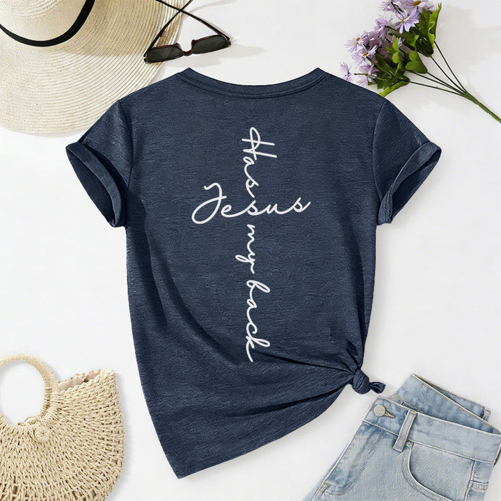 Christianartworkshop Lässiges T-Shirt mit V-Ausschnitt und Aufdruck „Jesus Has My Back“ vorne und hinten - image 64