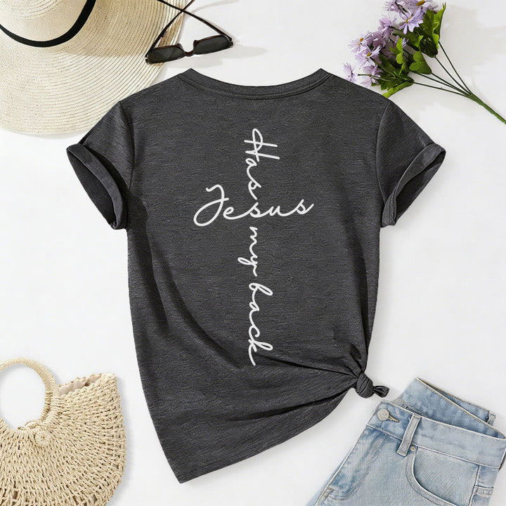 Christianartworkshop Lässiges T-Shirt mit V-Ausschnitt und Aufdruck „Jesus Has My Back“ vorne und hinten - image 4