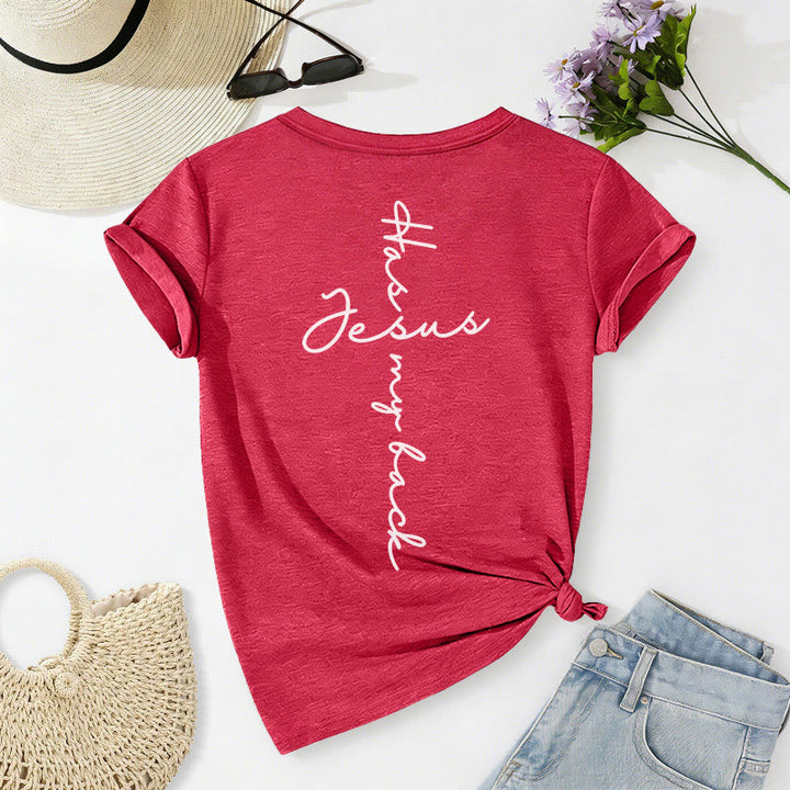 Christianartworkshop Lässiges T-Shirt mit V-Ausschnitt und Aufdruck „Jesus Has My Back“ vorne und hinten - image 70