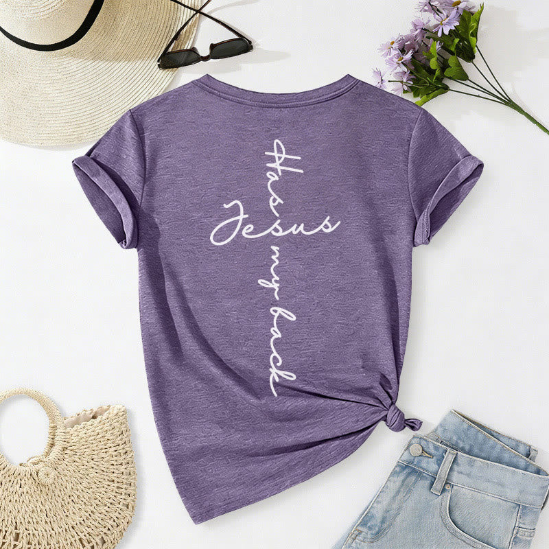 Christianartworkshop Lässiges T-Shirt mit V-Ausschnitt und Aufdruck „Jesus Has My Back“ vorne und hinten - image 58