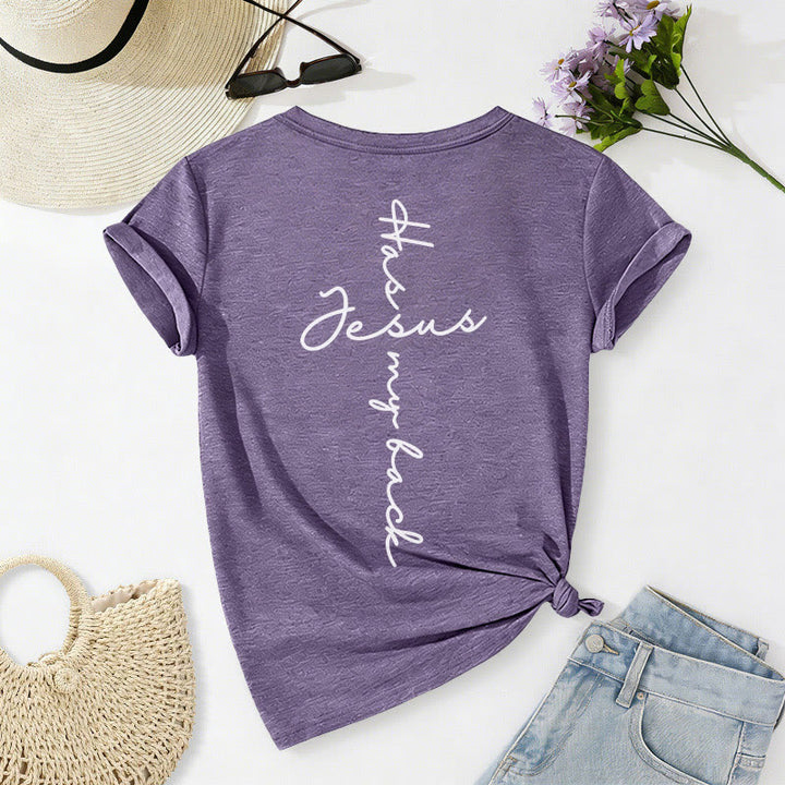 Christianartworkshop Lässiges T-Shirt mit V-Ausschnitt und Aufdruck „Jesus Has My Back“ vorne und hinten - image 58