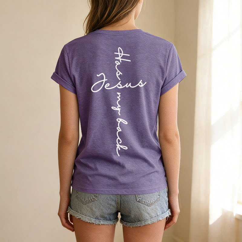 Christianartworkshop Lässiges T-Shirt mit V-Ausschnitt und Aufdruck „Jesus Has My Back“ vorne und hinten - image 59