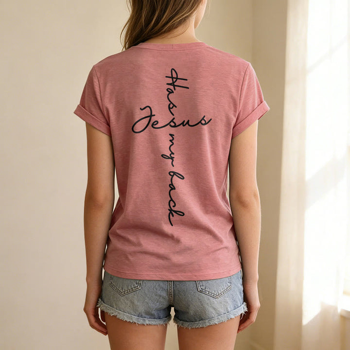 Christianartworkshop Lässiges T-Shirt mit V-Ausschnitt und Aufdruck „Jesus Has My Back“ vorne und hinten - image 47