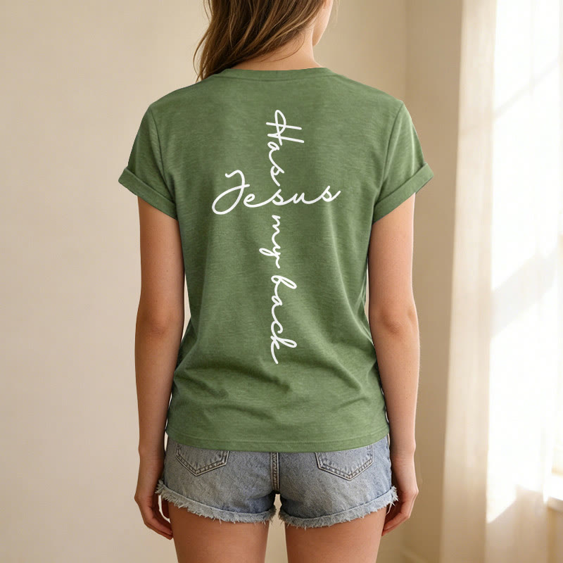 Christianartworkshop Lässiges T-Shirt mit V-Ausschnitt und Aufdruck „Jesus Has My Back“ vorne und hinten - image 29