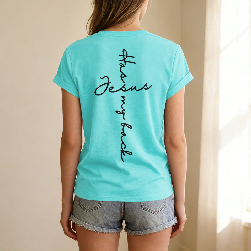 Christianartworkshop Lässiges T-Shirt mit V-Ausschnitt und Aufdruck „Jesus Has My Back“ vorne und hinten - image 41