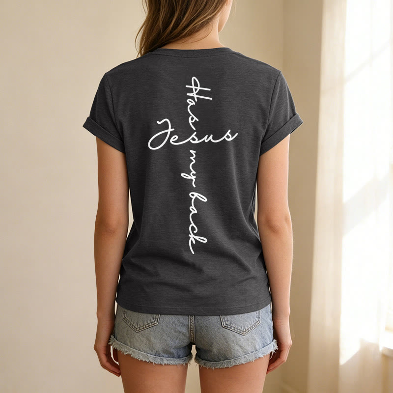 Christianartworkshop Lässiges T-Shirt mit V-Ausschnitt und Aufdruck „Jesus Has My Back“ vorne und hinten - image 5