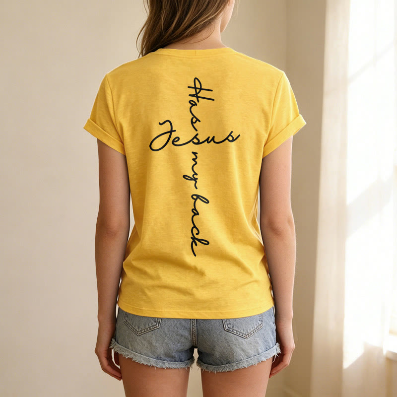 Christianartworkshop Lässiges T-Shirt mit V-Ausschnitt und Aufdruck „Jesus Has My Back“ vorne und hinten - image 23