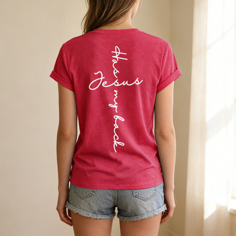 Christianartworkshop Lässiges T-Shirt mit V-Ausschnitt und Aufdruck „Jesus Has My Back“ vorne und hinten - image 71