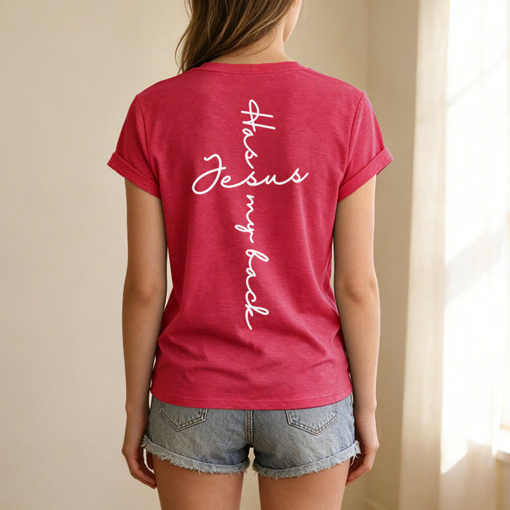Christianartworkshop Lässiges T-Shirt mit V-Ausschnitt und Aufdruck „Jesus Has My Back“ vorne und hinten - image 71
