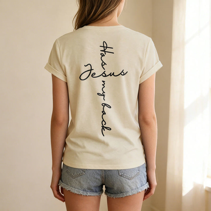 Christianartworkshop Lässiges T-Shirt mit V-Ausschnitt und Aufdruck „Jesus Has My Back“ vorne und hinten - image 17