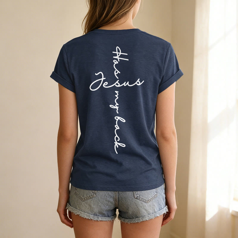 Christianartworkshop Lässiges T-Shirt mit V-Ausschnitt und Aufdruck „Jesus Has My Back“ vorne und hinten - image 65
