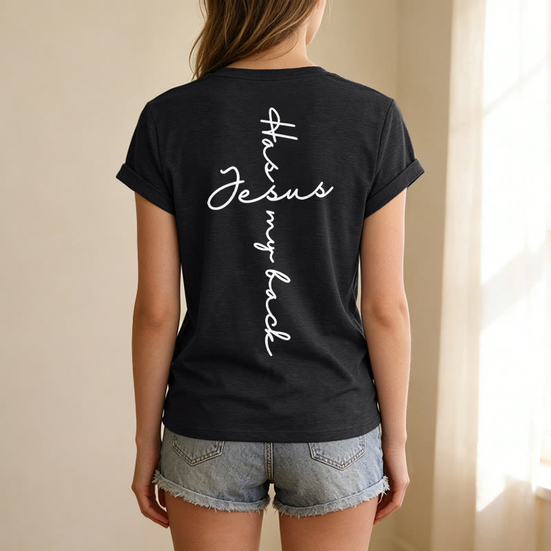 Christianartworkshop Lässiges T-Shirt mit V-Ausschnitt und Aufdruck „Jesus Has My Back“ vorne und hinten - image 11