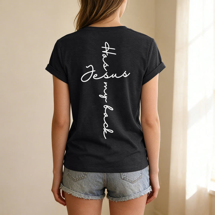 Christianartworkshop Lässiges T-Shirt mit V-Ausschnitt und Aufdruck „Jesus Has My Back“ vorne und hinten - image 11