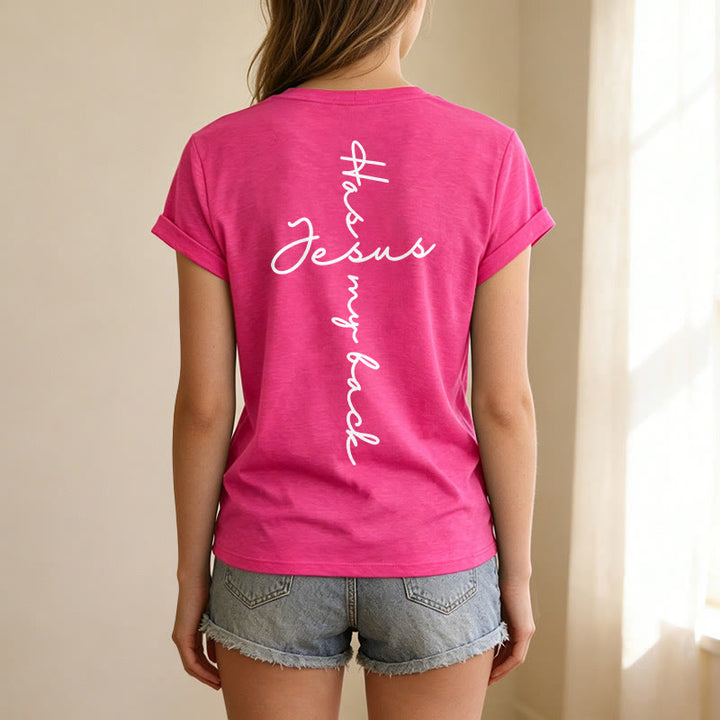 Christianartworkshop Lässiges T-Shirt mit V-Ausschnitt und Aufdruck „Jesus Has My Back“ vorne und hinten - image 77