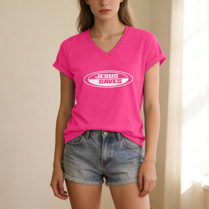Christianartworkshop Retro-T-Shirt mit ovalem V-Ausschnitt und Aufdruck „Jesus Saves“ - image 25