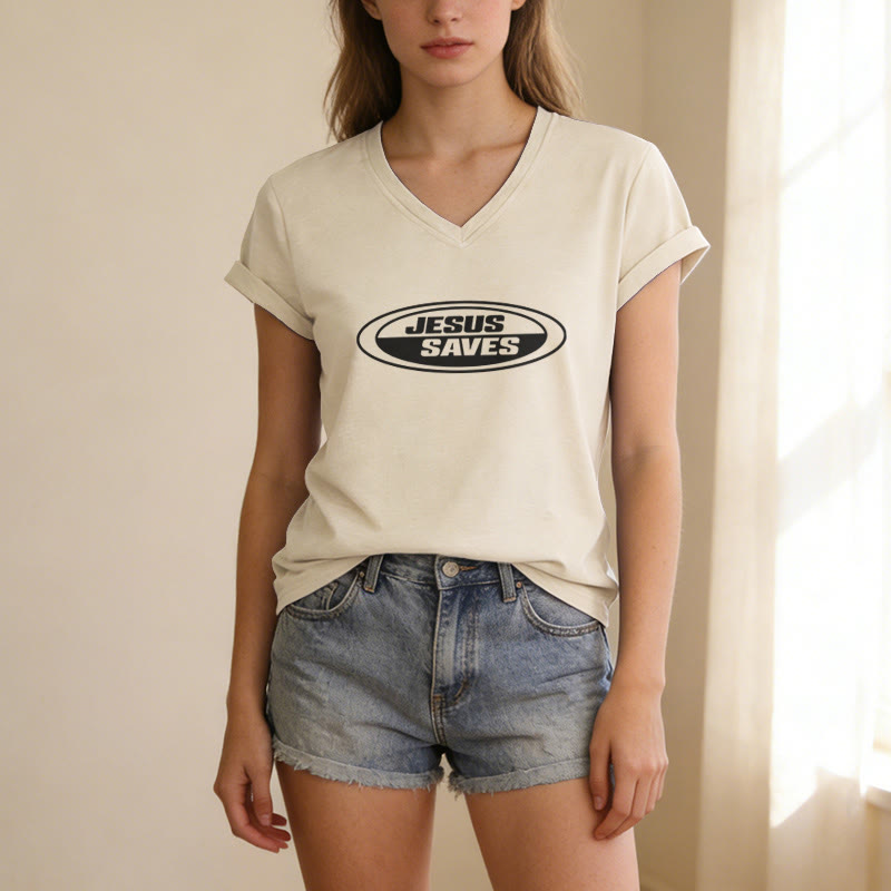 Christianartworkshop Retro-T-Shirt mit ovalem V-Ausschnitt und Aufdruck „Jesus Saves“ - image 5