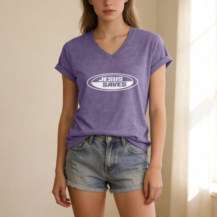 Christianartworkshop Retro-T-Shirt mit ovalem V-Ausschnitt und Aufdruck „Jesus Saves“ - image 19