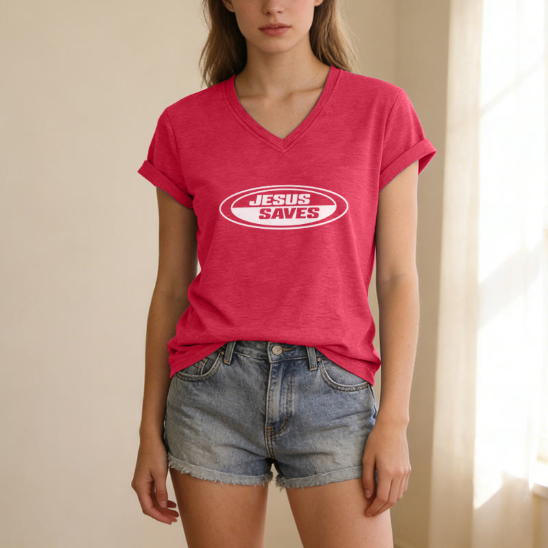 Christianartworkshop Retro-T-Shirt mit ovalem V-Ausschnitt und Aufdruck „Jesus Saves“ - image 23