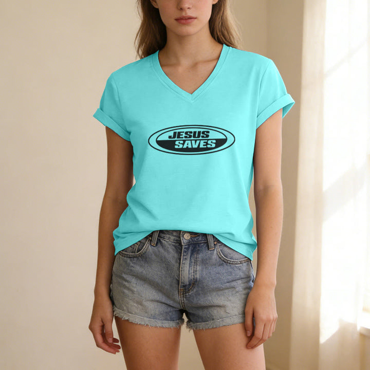 Christianartworkshop Retro-T-Shirt mit ovalem V-Ausschnitt und Aufdruck „Jesus Saves“ - image 13