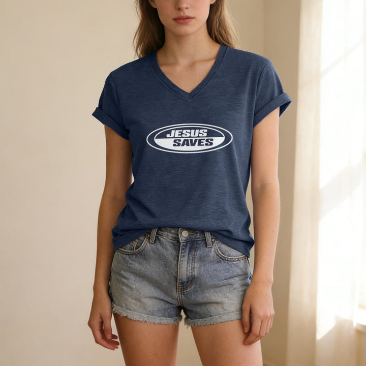 Christianartworkshop Retro-T-Shirt mit ovalem V-Ausschnitt und Aufdruck „Jesus Saves“ - image 21