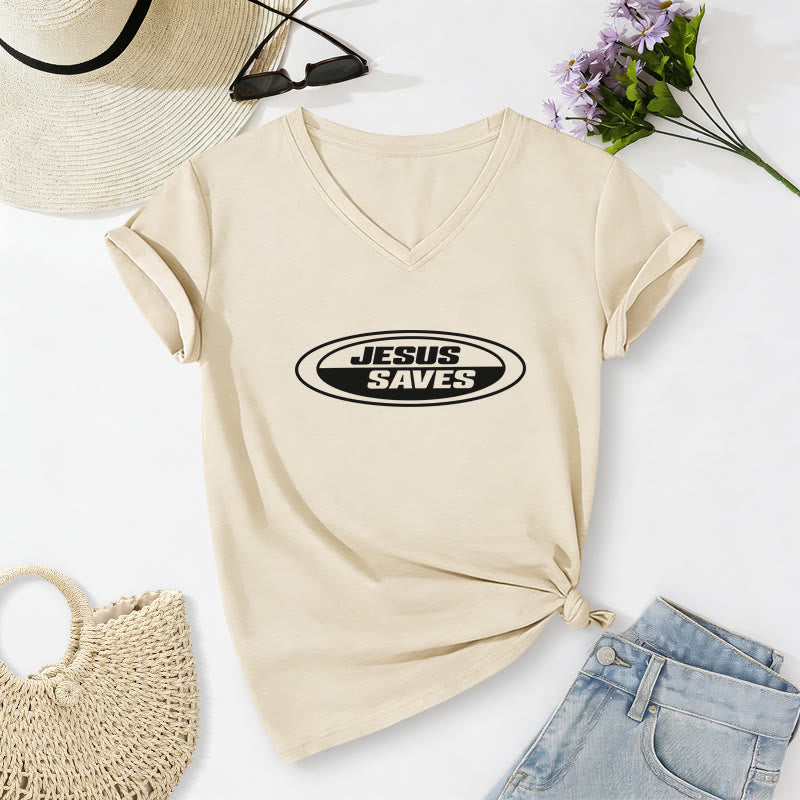 Christianartworkshop Retro-T-Shirt mit ovalem V-Ausschnitt und Aufdruck „Jesus Saves“ - Beige - 2XL - image 4