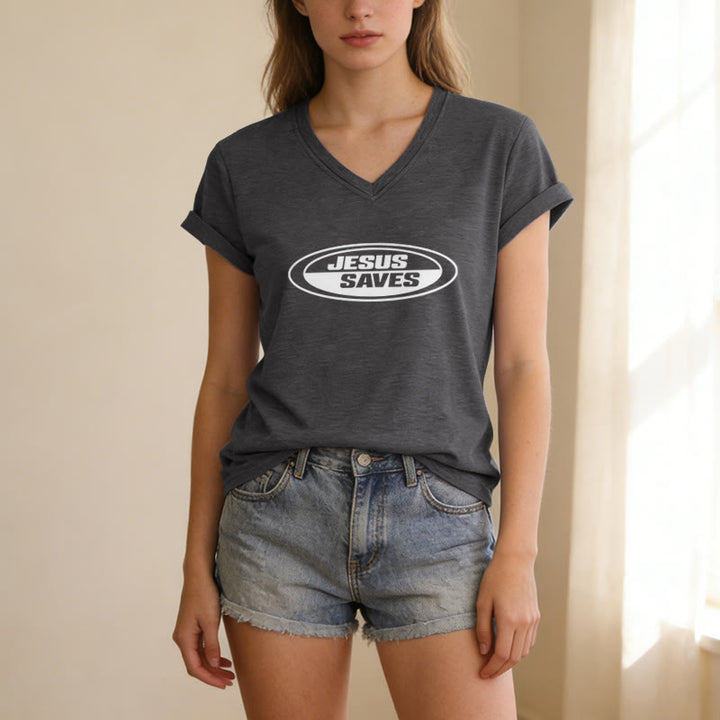 Christianartworkshop Retro-T-Shirt mit ovalem V-Ausschnitt und Aufdruck „Jesus Saves“ - image 1