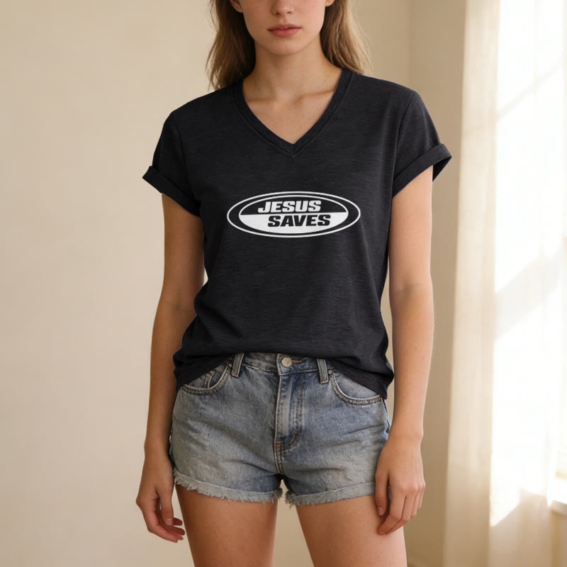 Christianartworkshop Retro-T-Shirt mit ovalem V-Ausschnitt und Aufdruck „Jesus Saves“ - image 3