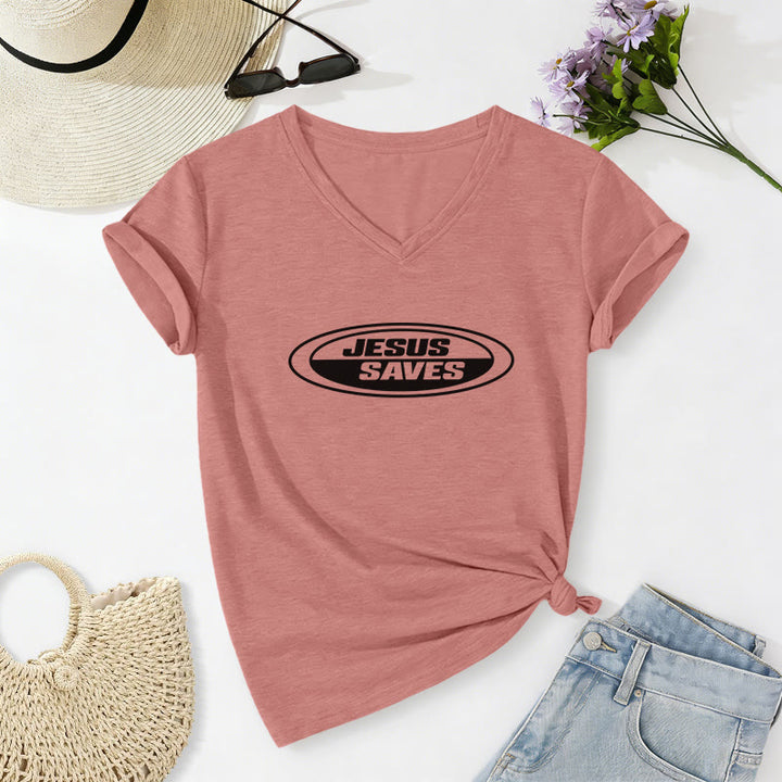 Christianartworkshop Retro-T-Shirt mit ovalem V-Ausschnitt und Aufdruck „Jesus Saves“ - image 14