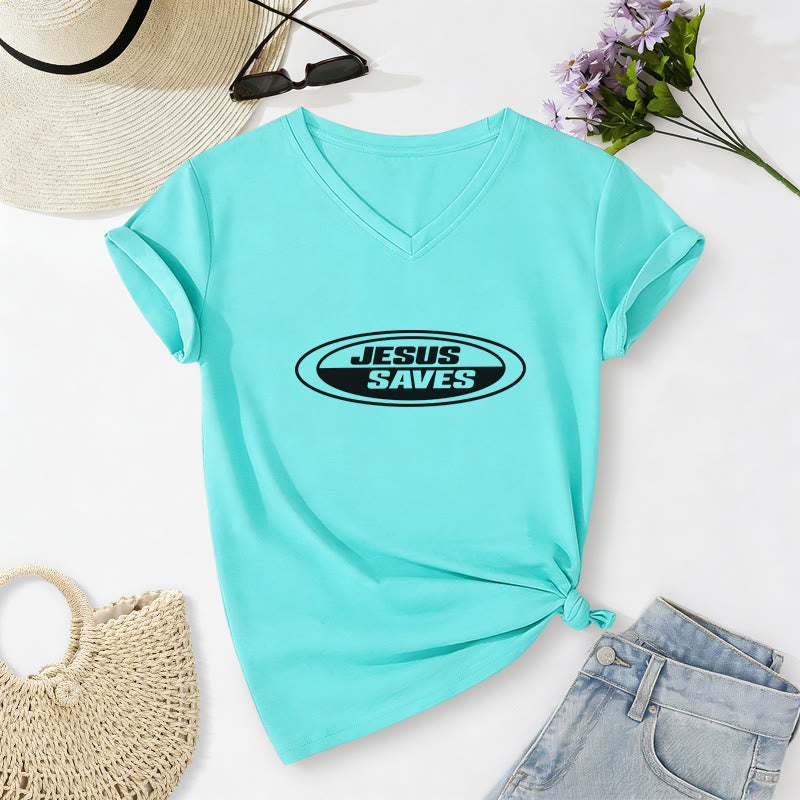 Christianartworkshop Retro-T-Shirt mit ovalem V-Ausschnitt und Aufdruck „Jesus Saves“ - Himmelblau - 2XL - image 12