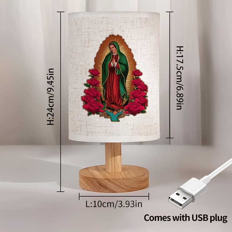 Christianartworkshop Tischlampe mit Stoffschirm und Naturholzfuß, Motiv: Unsere Liebe Frau von Guadalupe – Ein Symbol sanfter nächtlicher Segnungen. - image 4