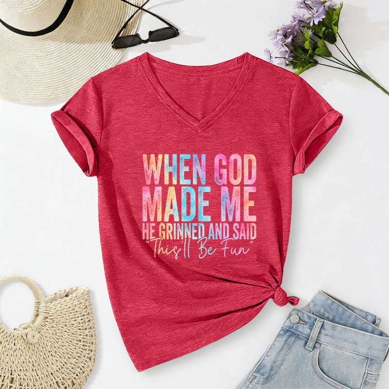 Christianartworkshop „Als Gott mich schuf“ Buntes, lässiges T-Shirt mit Farbverlauf und V-Ausschnitt - Rot - 2XL - image 22