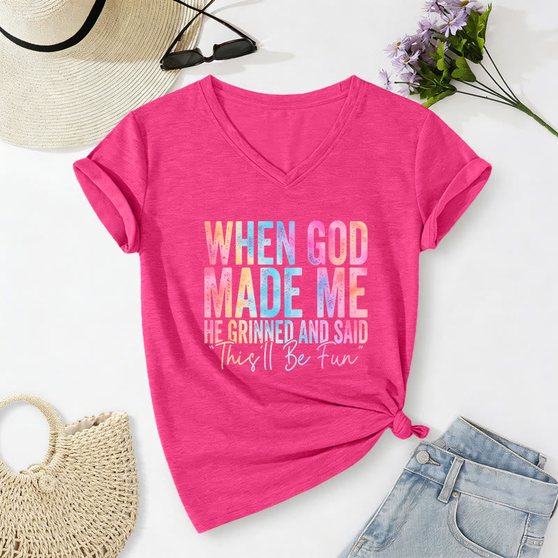 Christianartworkshop „Als Gott mich schuf“ Buntes, lässiges T-Shirt mit Farbverlauf und V-Ausschnitt - Rose - 2XL - image 24