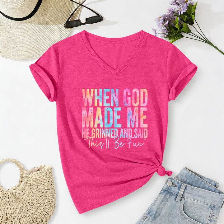 Christianartworkshop „Als Gott mich schuf“ Buntes, lässiges T-Shirt mit Farbverlauf und V-Ausschnitt - Rose - 2XL - image 24