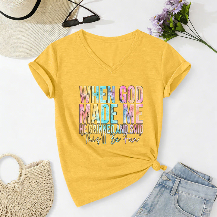 Christianartworkshop „Als Gott mich schuf“ Buntes, lässiges T-Shirt mit Farbverlauf und V-Ausschnitt - Gelb - 2XL - image 8