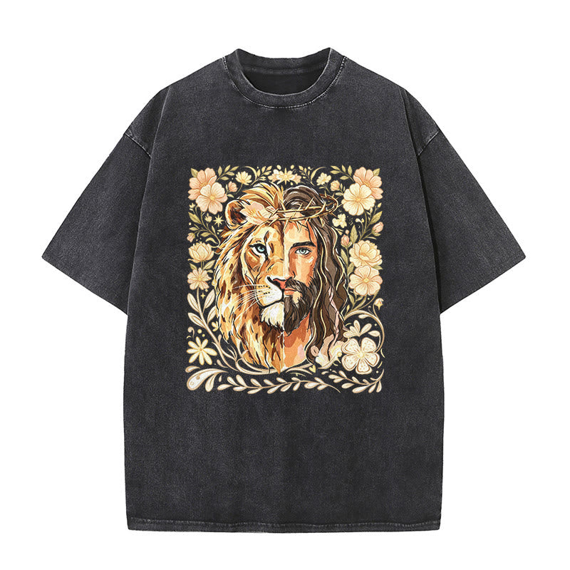 Christianartworkshop Löwen von Juda Blumen-Glaubensbekenntnis Gewaschenes Unisex-T-Shirt - Schwarz - 5XL - image 2