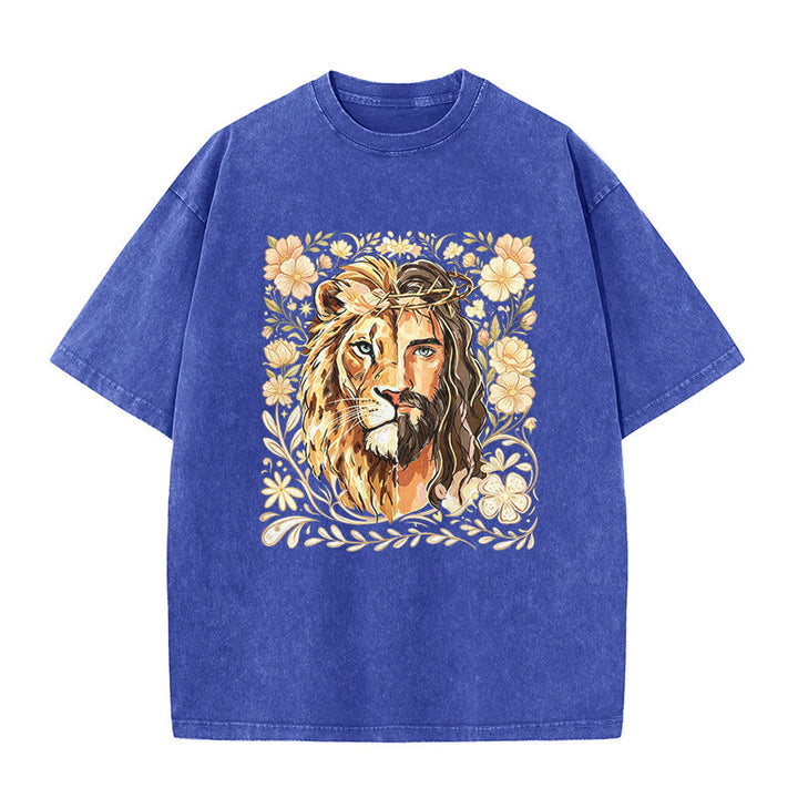 Christianartworkshop Löwen von Juda Blumen-Glaubensbekenntnis Gewaschenes Unisex-T-Shirt - Blau - 5XL - image 8
