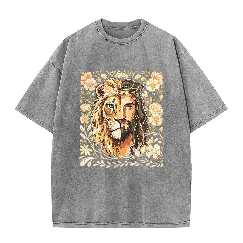 Christianartworkshop Löwen von Juda Blumen-Glaubensbekenntnis Gewaschenes Unisex-T-Shirt - Grau - 5XL - image 9