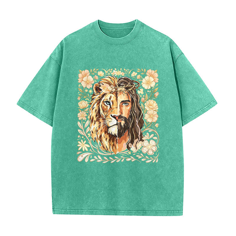 Christianartworkshop Löwen von Juda Blumen-Glaubensbekenntnis Gewaschenes Unisex-T-Shirt - Grün - 5XL - image 3