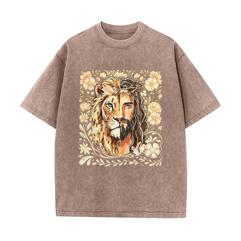 Christianartworkshop Löwen von Juda Blumen-Glaubensbekenntnis Gewaschenes Unisex-T-Shirt - Braun - 5XL - image 4