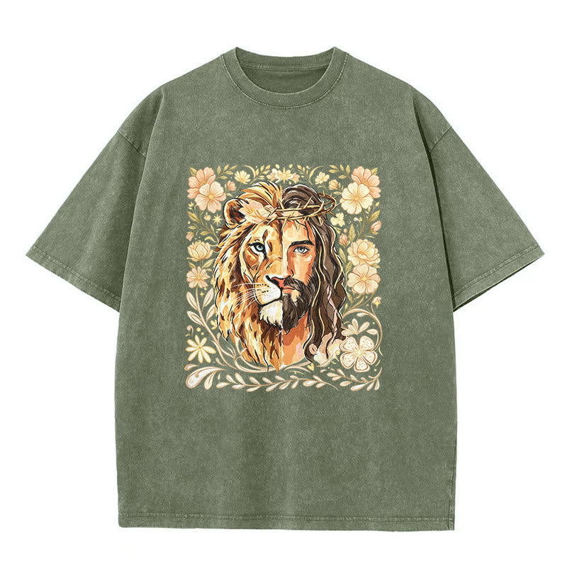 Christianartworkshop Löwen von Juda Blumen-Glaubensbekenntnis Gewaschenes Unisex-T-Shirt - Armeegrün - 5XL - image 1