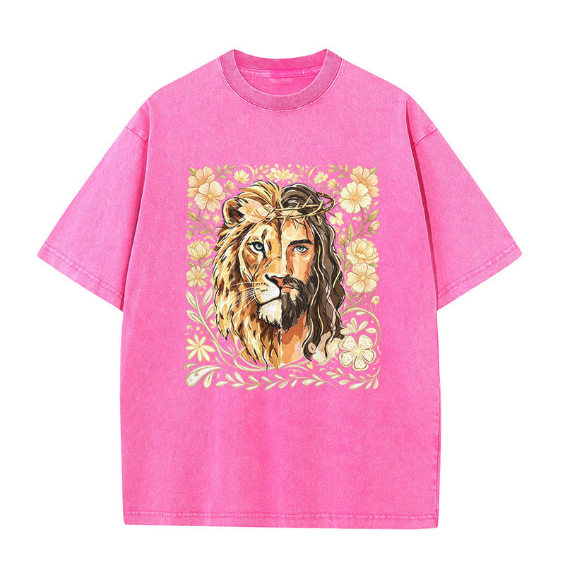 Christianartworkshop Löwen von Juda Blumen-Glaubensbekenntnis Gewaschenes Unisex-T-Shirt - Rosa - 5XL - image 6