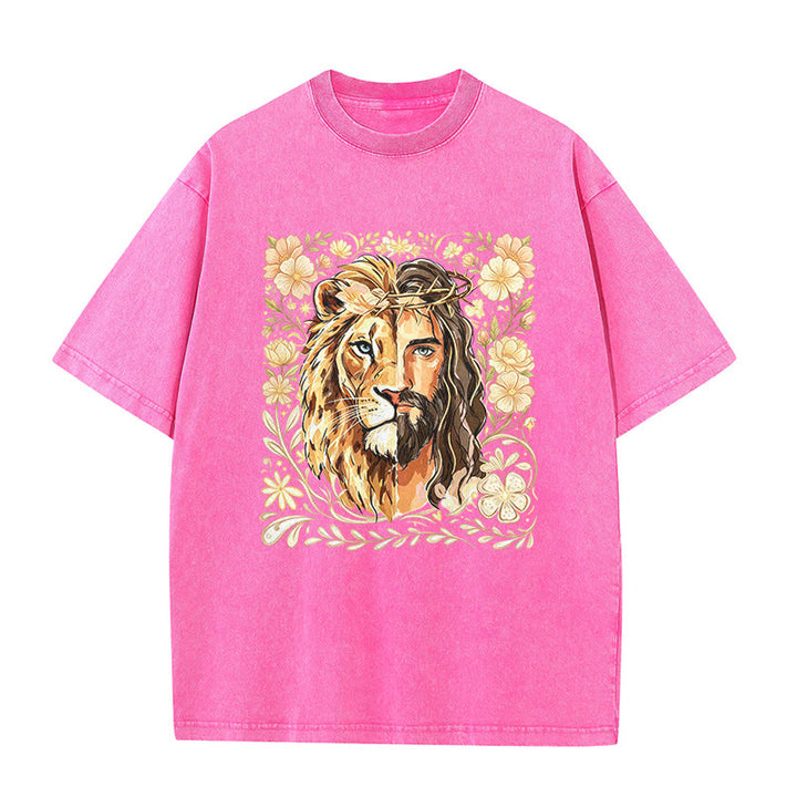 Christianartworkshop Löwen von Juda Blumen-Glaubensbekenntnis Gewaschenes Unisex-T-Shirt - Rosa - 5XL - image 6