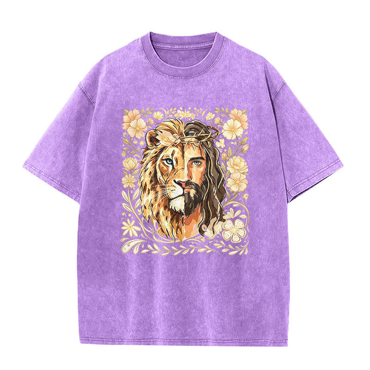 Christianartworkshop Löwen von Juda Blumen-Glaubensbekenntnis Gewaschenes Unisex-T-Shirt - Lila - 5XL - image 7