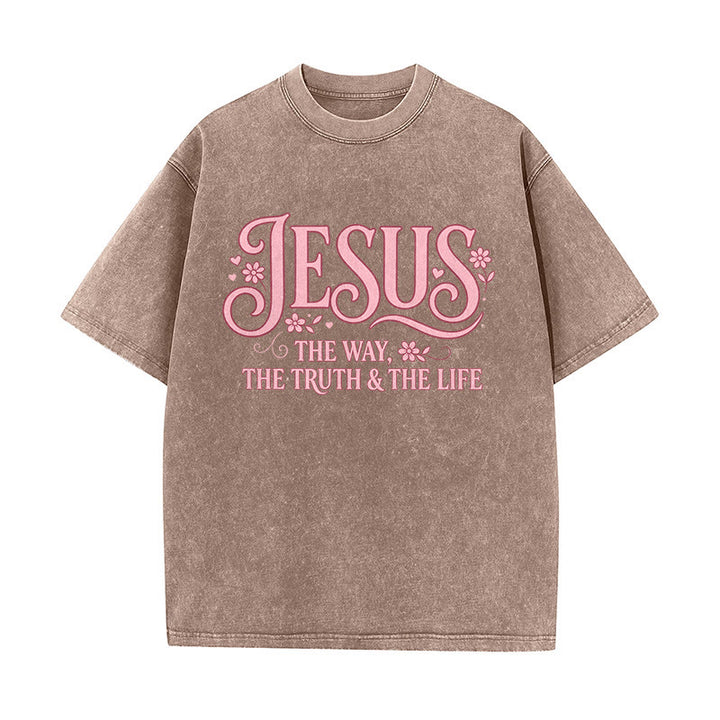 Christianartworkshop Dekoratives, geblümtes Unisex-T-Shirt „Jesus – Der Weg, die Wahrheit und das Leben“ (gewaschen) - Braun - 5XL - image 5