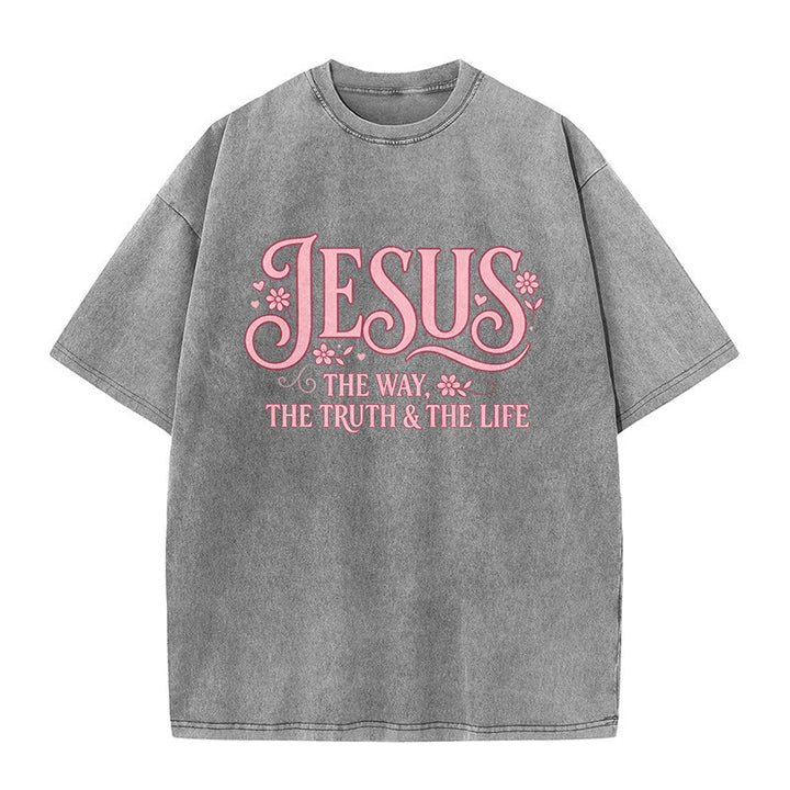 Christianartworkshop Dekoratives, geblümtes Unisex-T-Shirt „Jesus – Der Weg, die Wahrheit und das Leben“ (gewaschen) - Grau - 5XL - image 9